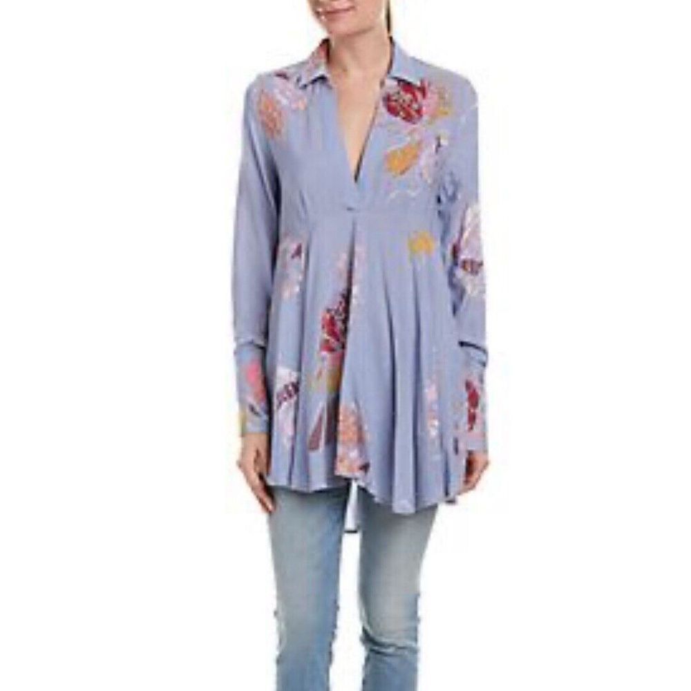 Free People Size Small Periwinkle Floral Long Sleeve Tunic Blouse Women's #A2-1